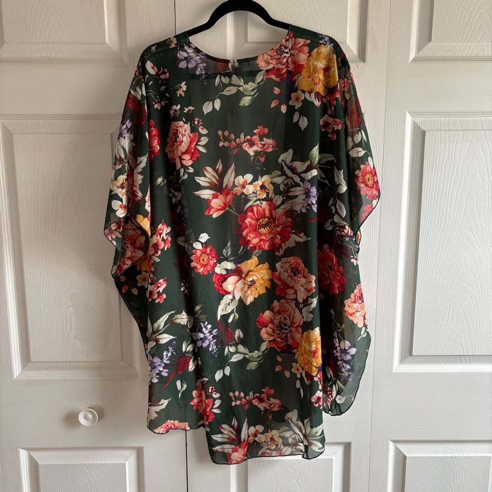 Emory Park Green Floral Kimono Cardigan Shawl Wrap Duster Sheer Boho Bloom 1XL - Picture 5 of 7